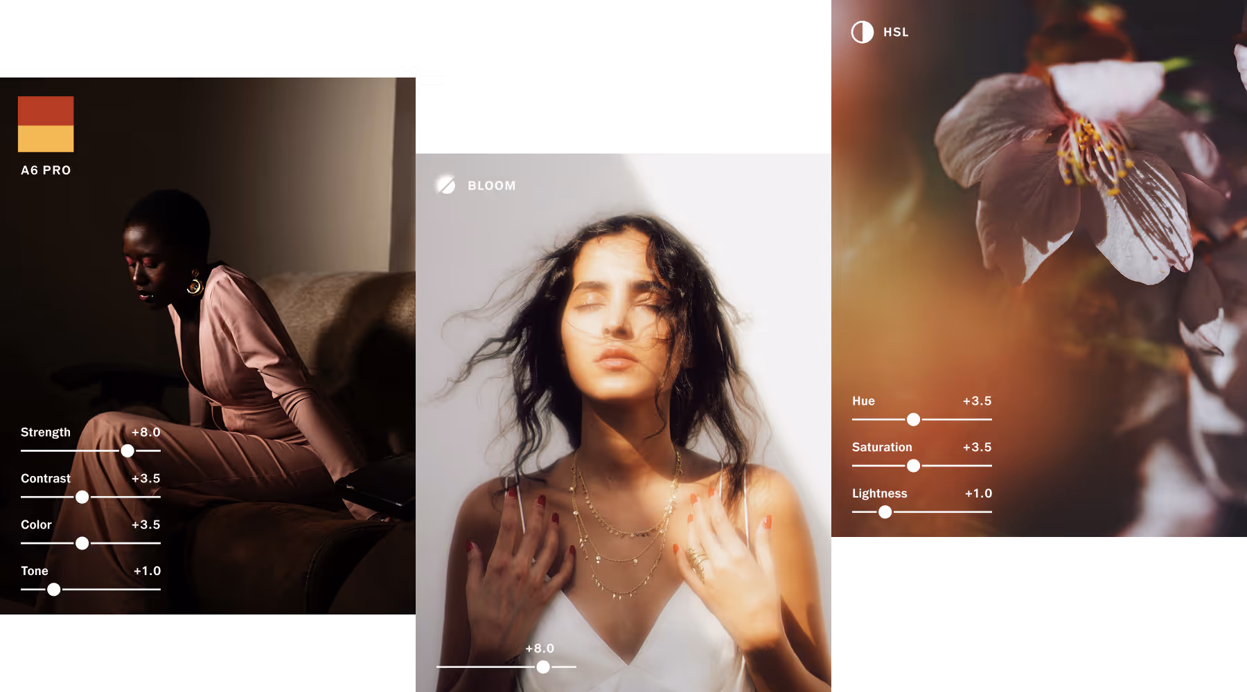 Three panels showing photo filter adjustments: a woman in a pink dress with strength and contrast sliders, a woman in sunlight with bloom effect, and a close-up of a flower with hue and saturation sliders.