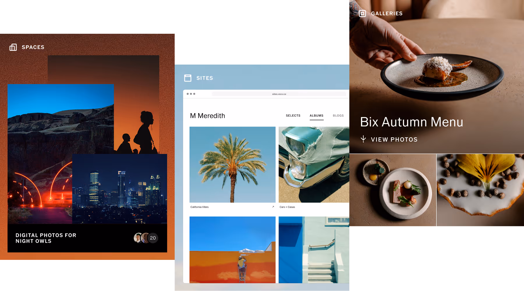 Three distinct panels showing digital photography tools: VSCO Spaces showing night cityscapes and silhouettes labeled 'Digital Photos for Night Owls,' a VSCO Site photography portfolio of 'M Meredith,' and VSCO Galleries showing a hand placing a gourmet dish in a gallery named 'Bix Autumn Menu View Photos.'