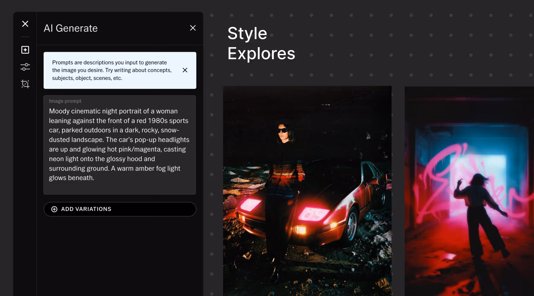 Mood board interface showing AI Generation tool with two images of a night portrait of a woman in sunglasses leaning against a red 1980s sports car with glowing hot pink pop-up headlights and a silhouette of a person dancing with a pink neon hazy background.