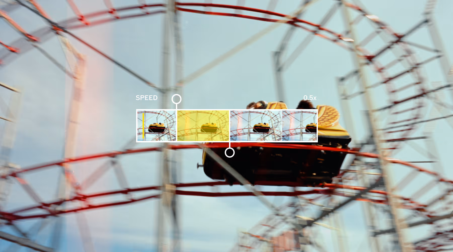 Blurred roller coaster train speeding on orange tracks against a blue sky with a graphic overlay of speed adjustment thumbnails marked at 0.5x speed.