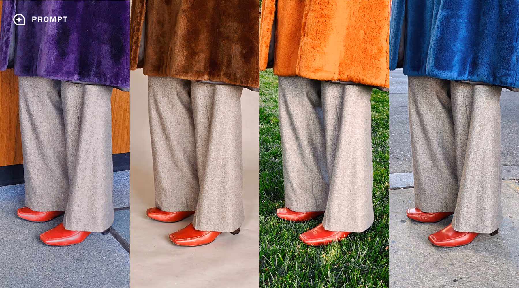 Four side-by-side images showing the lower half of a person wearing gray wide-leg pants, red shoes, and four different colorful fur coats changed with AI text prompt editing to purple, brown, orange, and blue, standing on four different surfaces changed to carpet, linoleum, grass, and concrete.