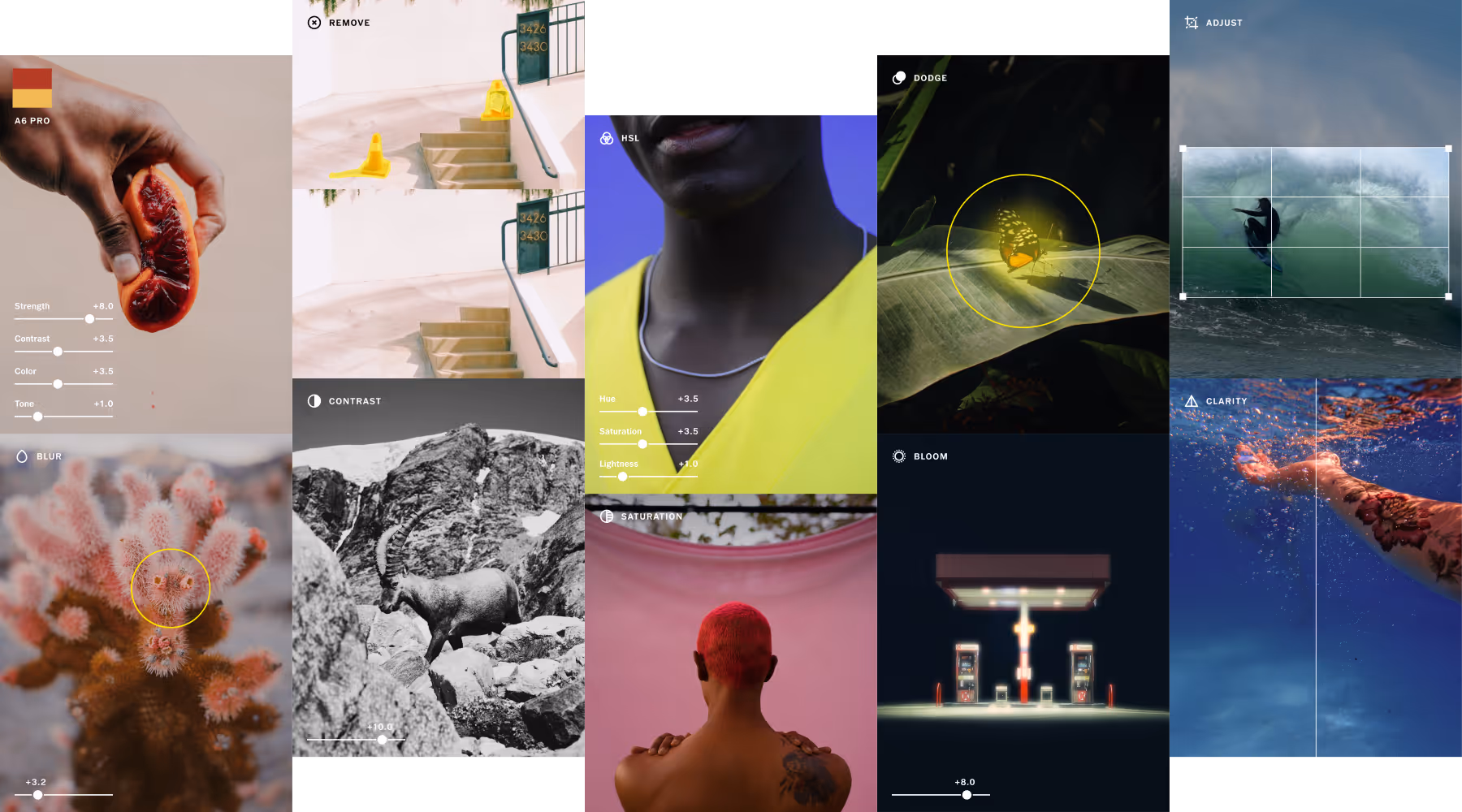 Collage of editing tools applied to images including a hand holding a sliced blood orange, outdoor stairs, close-up portrait, butterfly on leaf, underwater surfer, coral, mountain goat in black and white, person with pink hair against pink backdrop, and illuminated gas station.