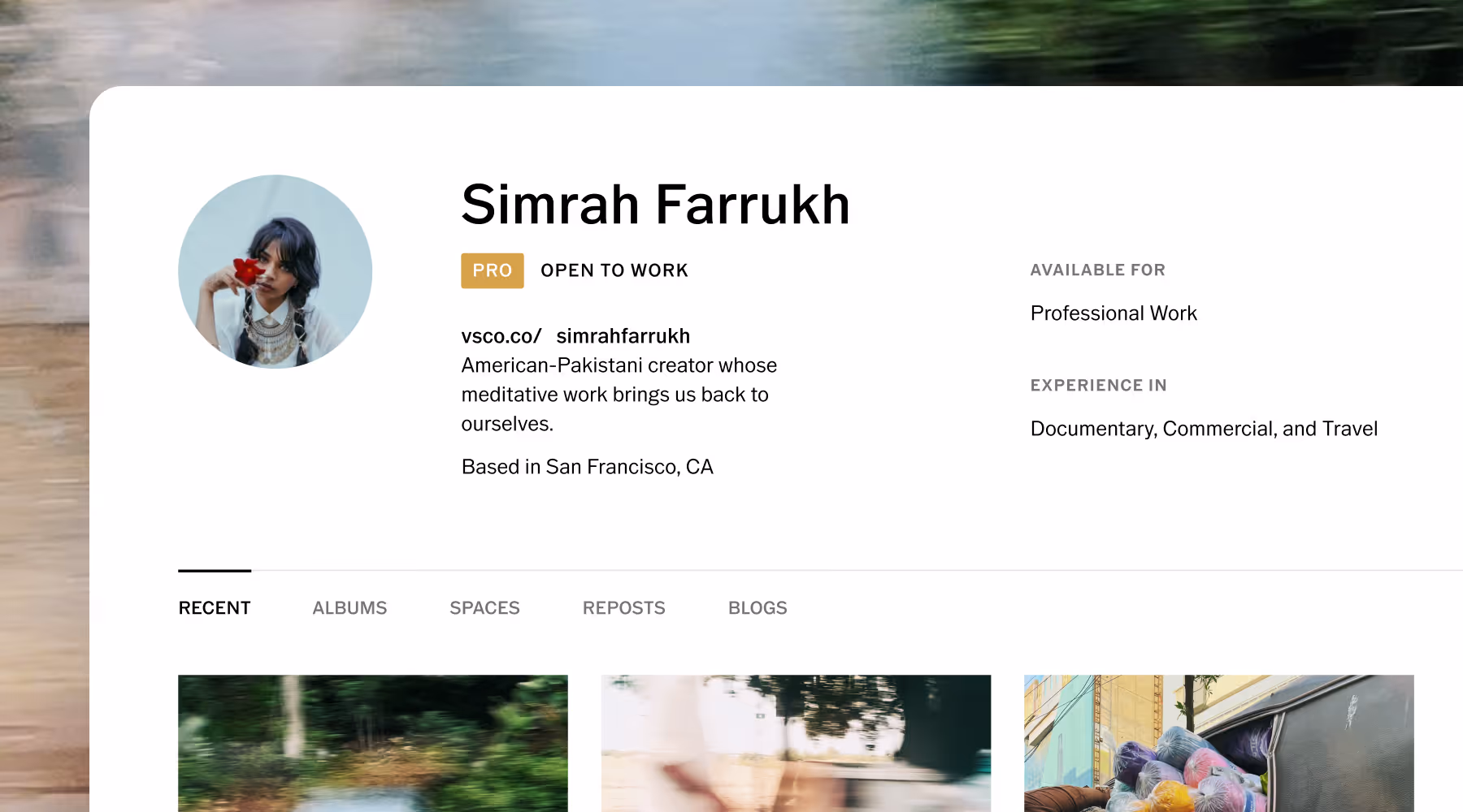 Profile of Simrah Farrukh, American-Pakistani videographer based in San Francisco.