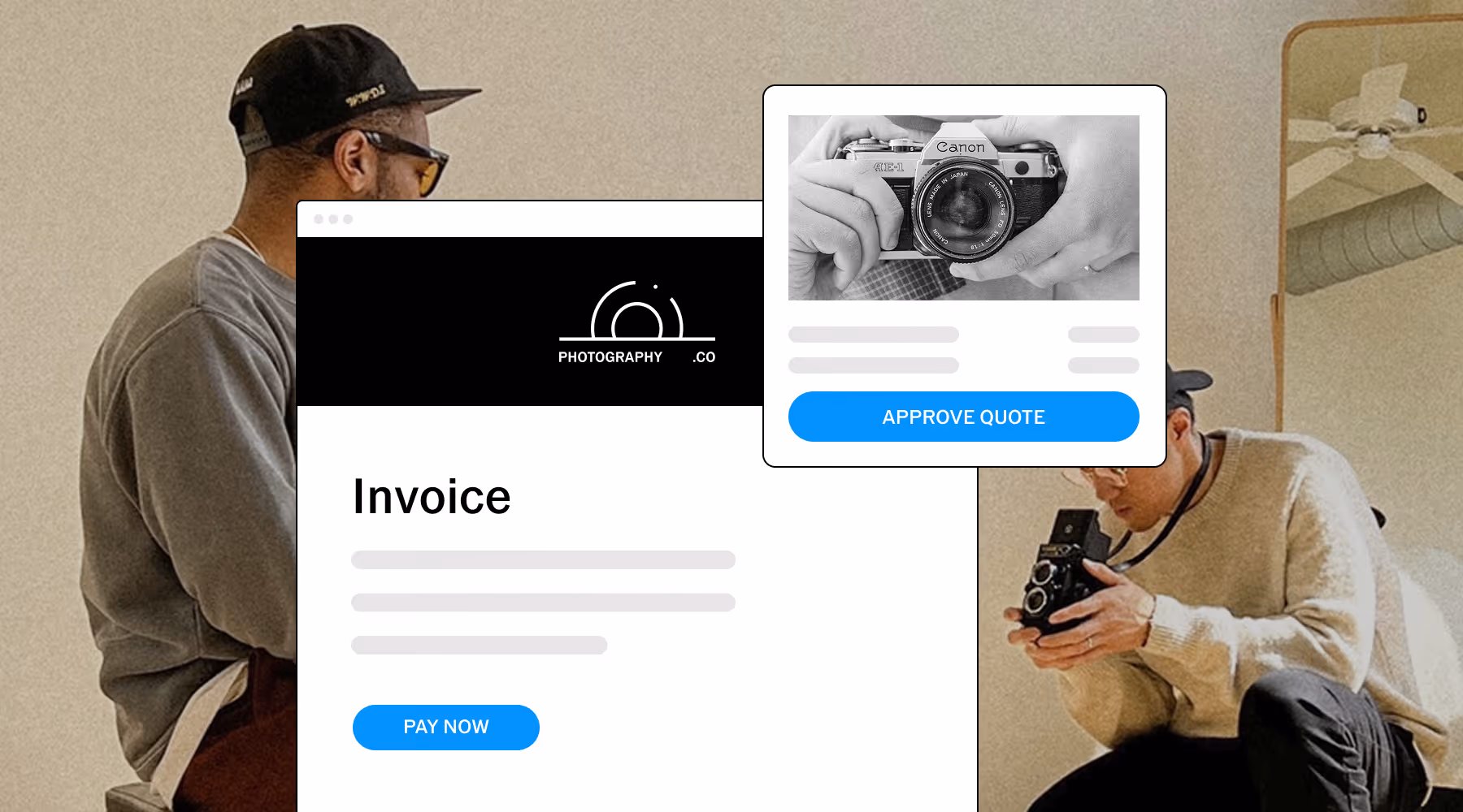 Two men with cameras in a studio with digital invoice and quote approval interface overlays from VSCO Workspace.