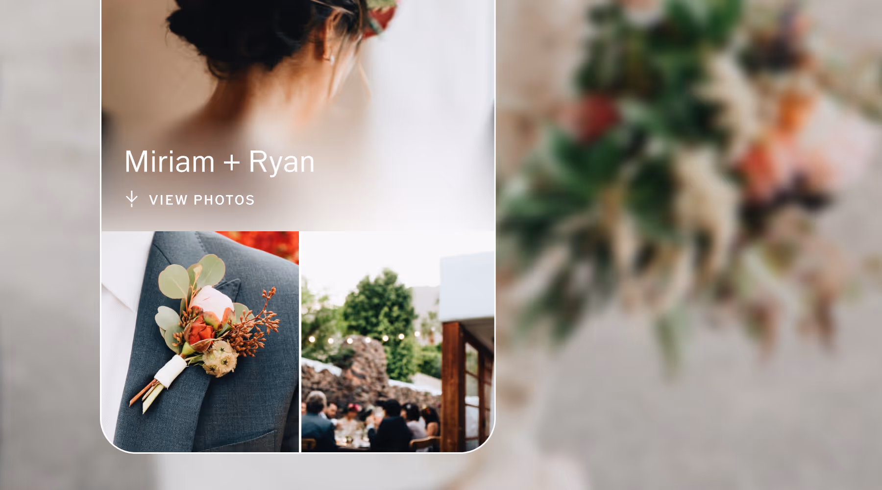 Wedding photo gallery featuring a bride's hairstyle, a groom's suit with boutonniere, and guests at an outdoor reception.