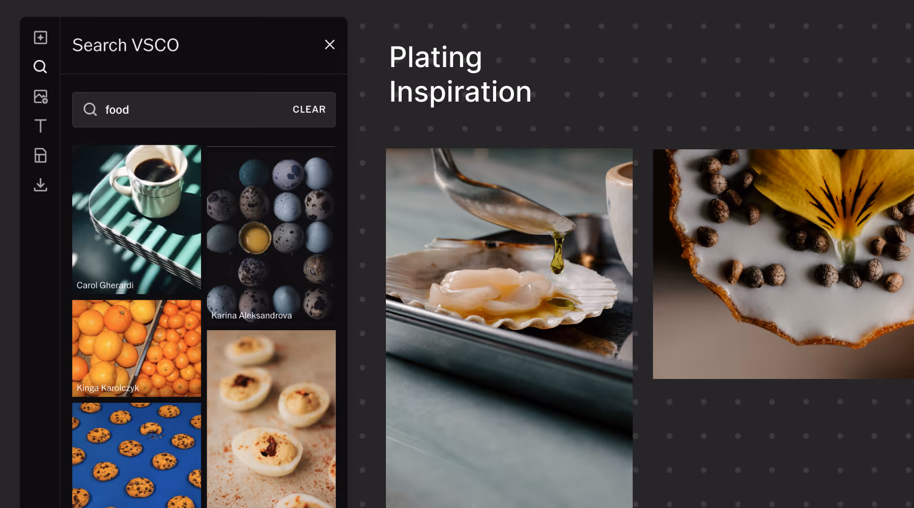 VSCO search panel within VSCO Canvas displaying food images including a cup of coffee, quail eggs with one cracked, oranges, cookies, and deviled eggs beside a plated scallop with sauce drip and a decorated dessert with flower petals.