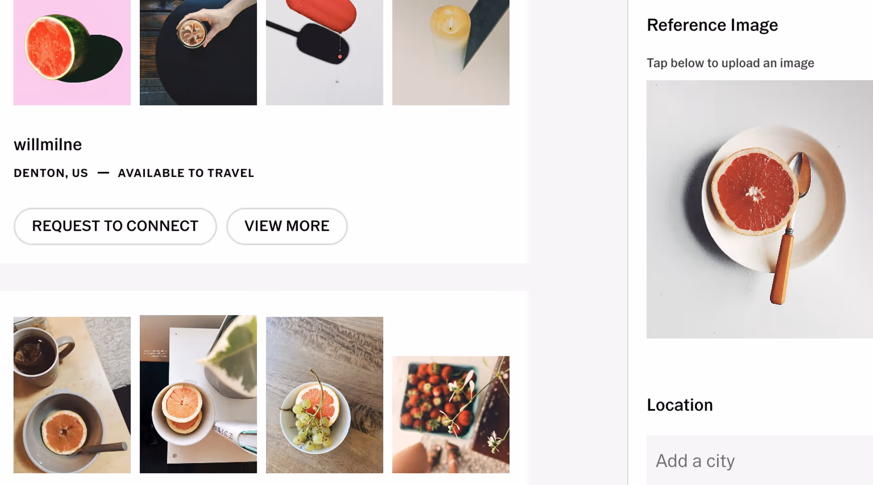 Search interface in VSCO Hub featuring a photographer named willmilne from Denton, US that is available for hire, with a selection of photographs including close-ups of fruit, drinks, and strawberries.