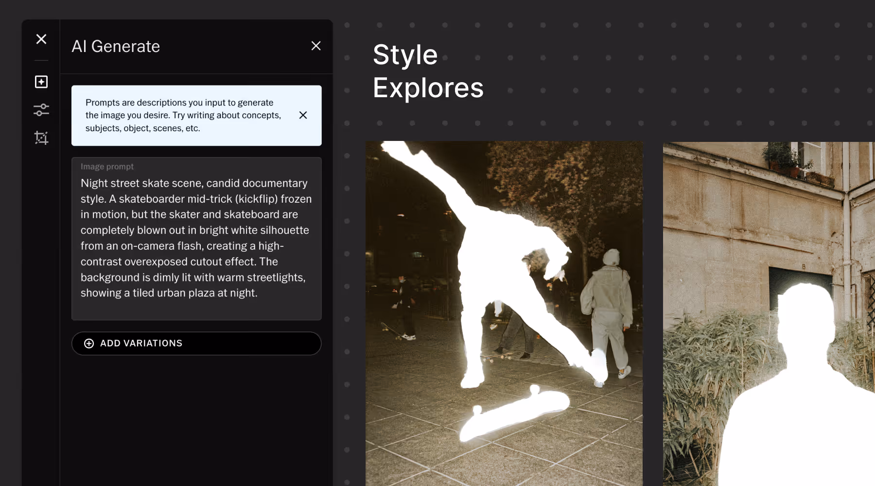 Screenshot of AI image generation in VSCO Canvas interface showing a night street skate scene with a high-contrast white silhouette of a skateboarder mid-kickflip under warm streetlights.