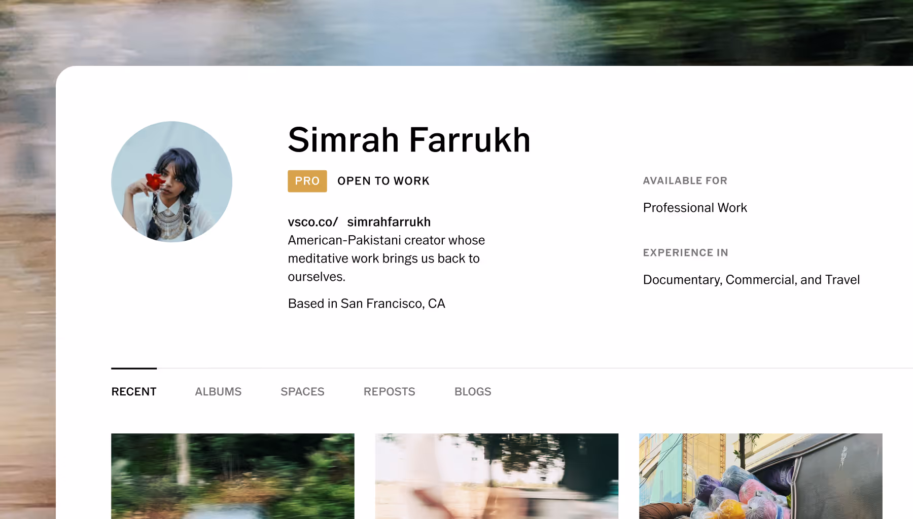 Profile page of Simrah Farrukh, American-Pakistani content creator based in San Francisco, open to professional documentary, commercial, and travel work.