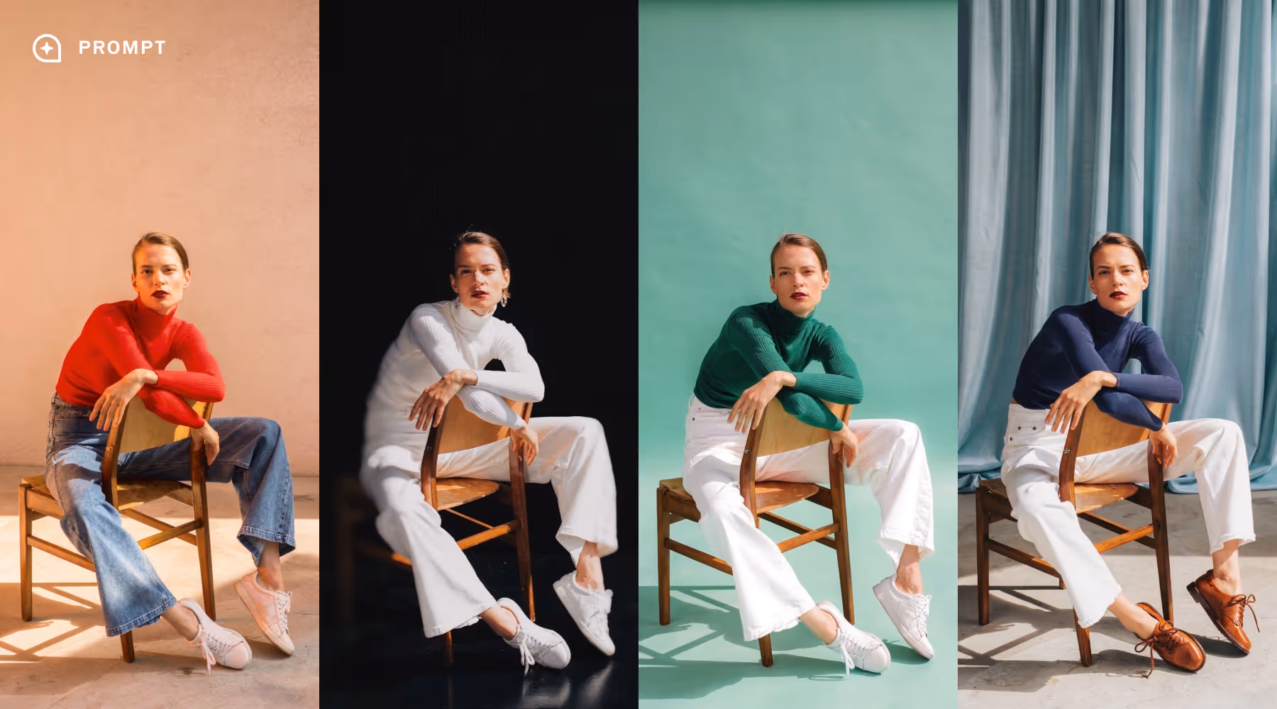 Four side-by-side photos of a woman sitting on a wooden chair with arms resting on the back, wearing different colored turtlenecks and pants that were changed with AI text prompts