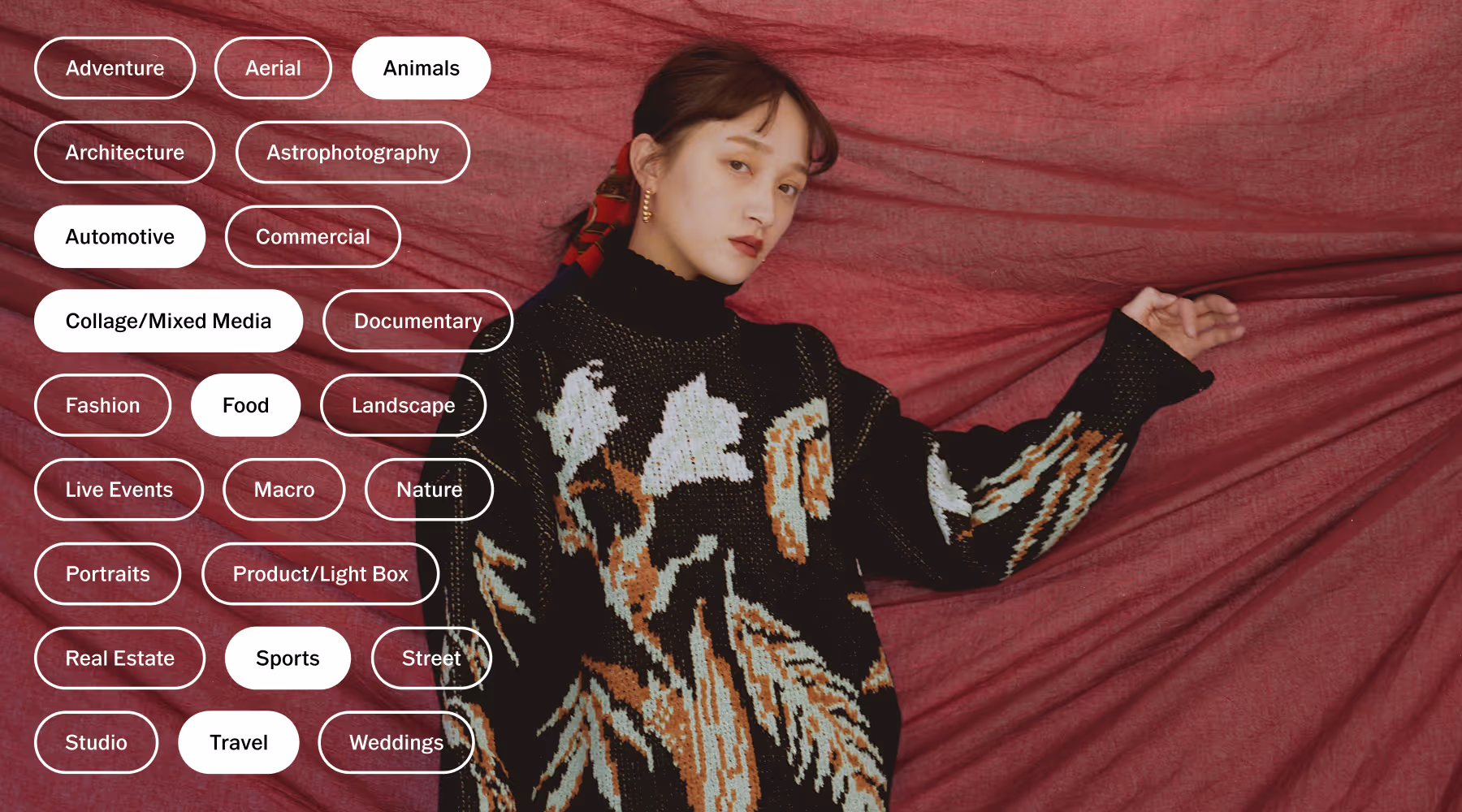 Young woman in a black patterned sweater posing against a red fabric backdrop with photography experience tags overlaid