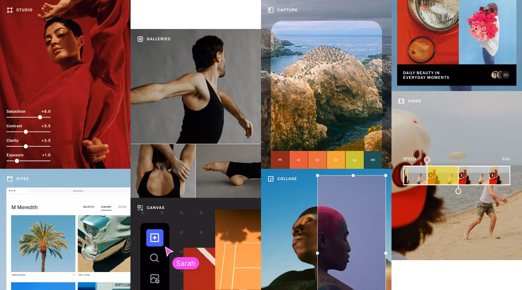 Collage of VSCO tools like the photo editor, website builder, client galleries, Canvas mood board, Capture camera, collage maker, shared Spaces, and video editor