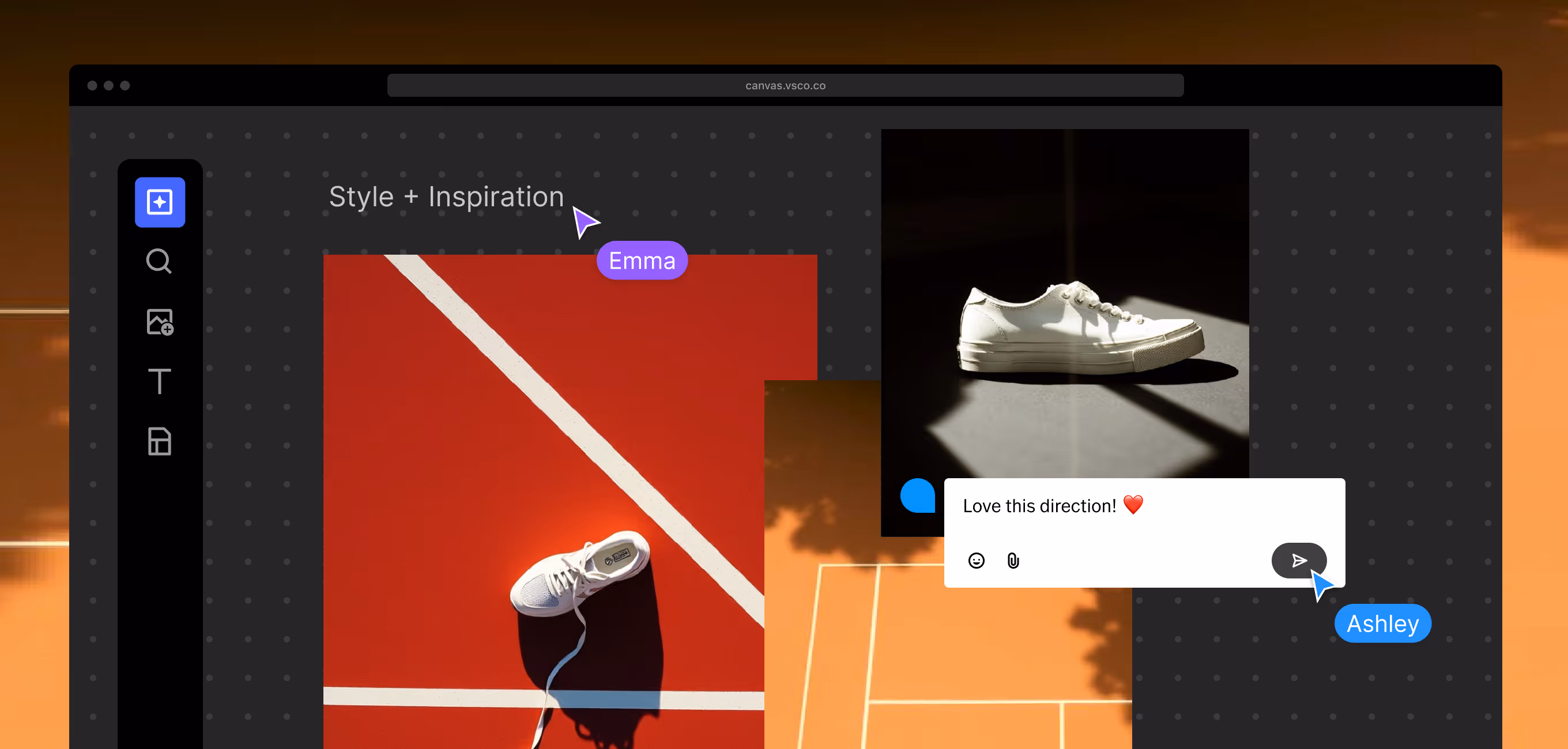 Collaborative design interface showing a white sneaker on a red court and another white sneaker with a comment saying 'Love this direction!'