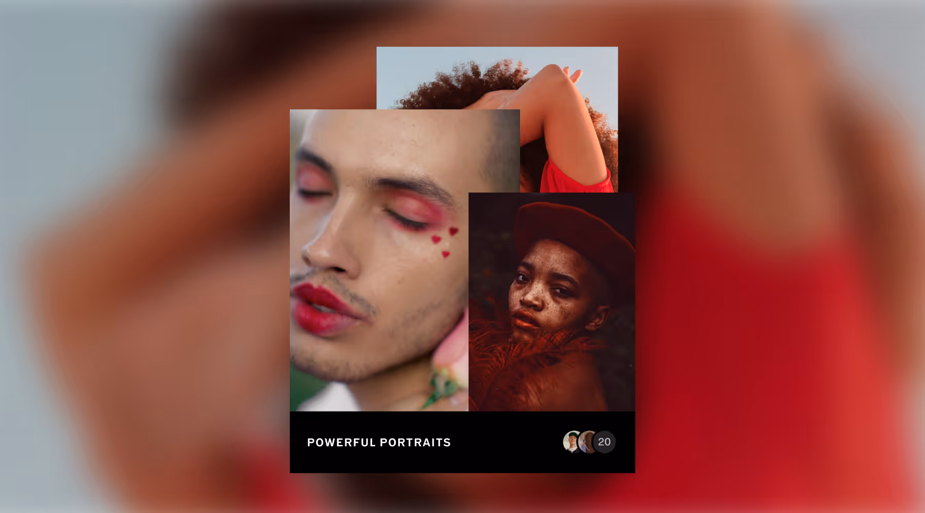 Shared photo gallery called Powerful Portraits showing a collage of 3 portraits with artistic makeup and accessories