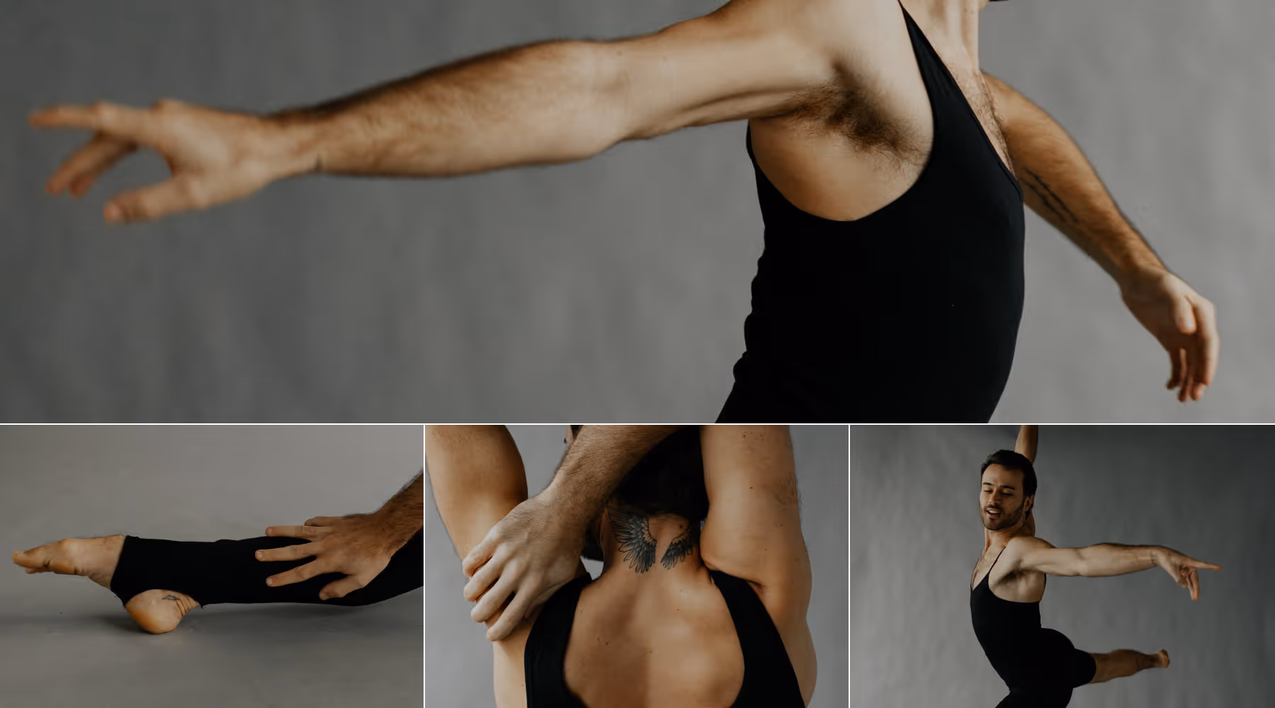 Client photo gallery of a male dancer in black outfit performing ballet poses against a gray background, featuring close-ups of his arms, legs, and back of neck tattoo.