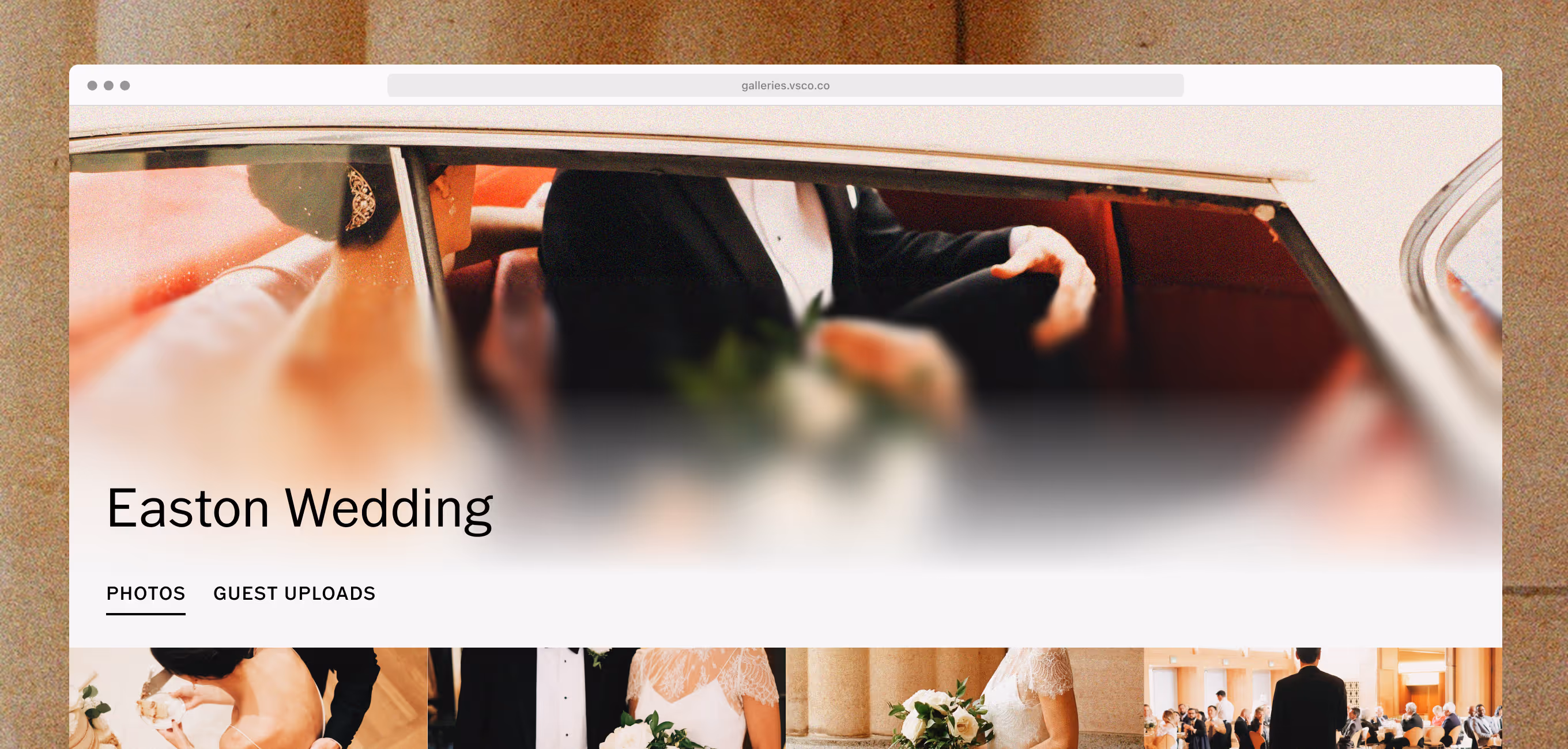 Client gallery titled Easton Wedding showing a bride and groom in a car with red interior.