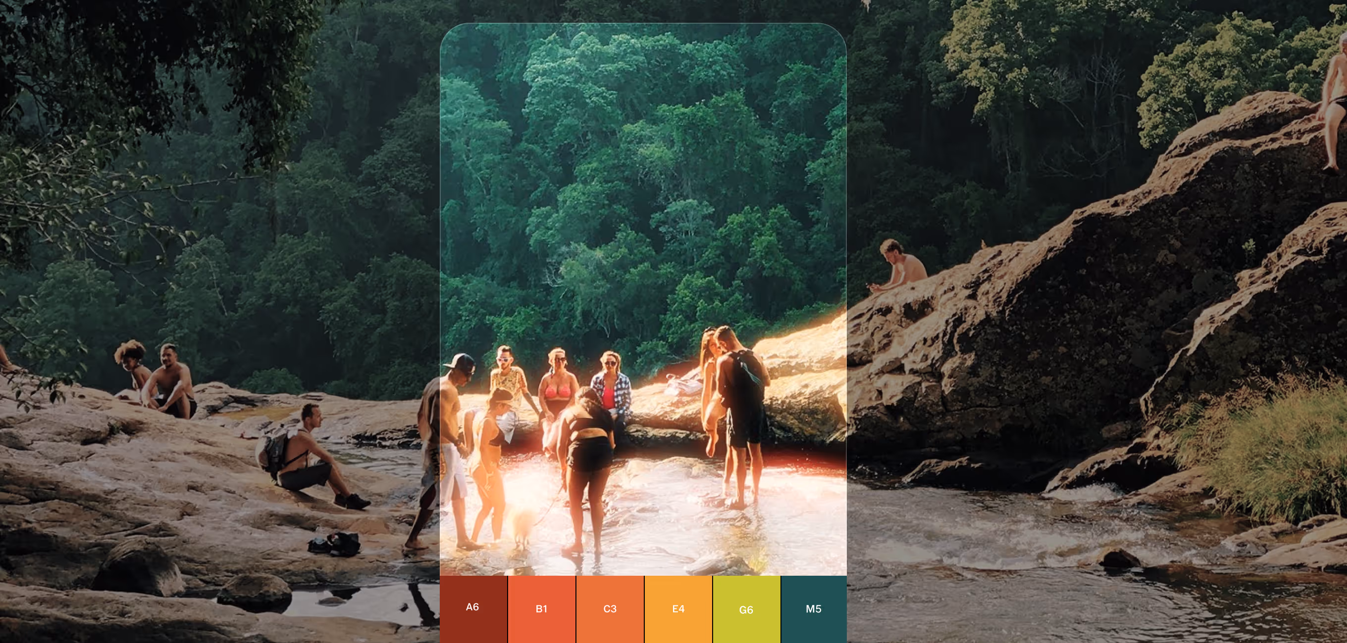 Group of people enjoying a sunny day by a rocky river with VSCO Capture UI overlay to show camera filter options