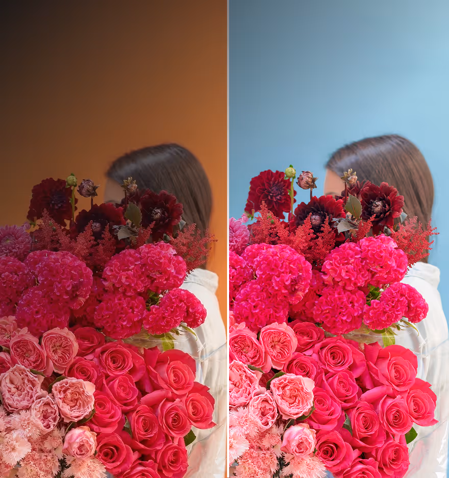 Side-by-side comparison of a person holding a bouquet of vibrant pink flowers, with one side against an orange background and the other side against a blue background edited with AI background tools.
