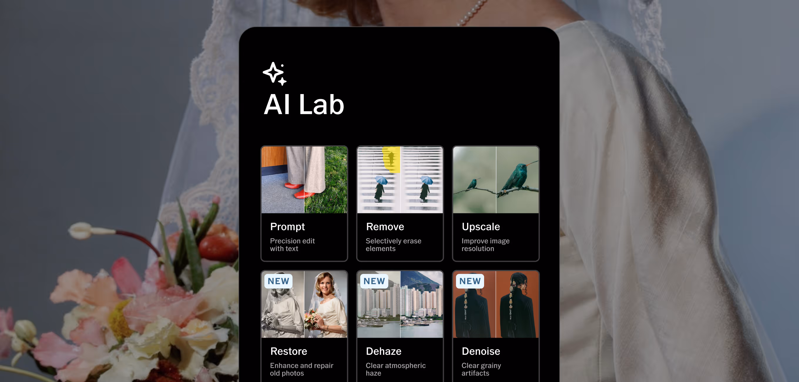 Screenshot of AI Lab photo editing tools including Prompt for precision text edits, Remove to erase elements, Upscale to improve resolution, Restore for repairing old photos, Dehaze to clear haze, and Denoise to reduce grain.