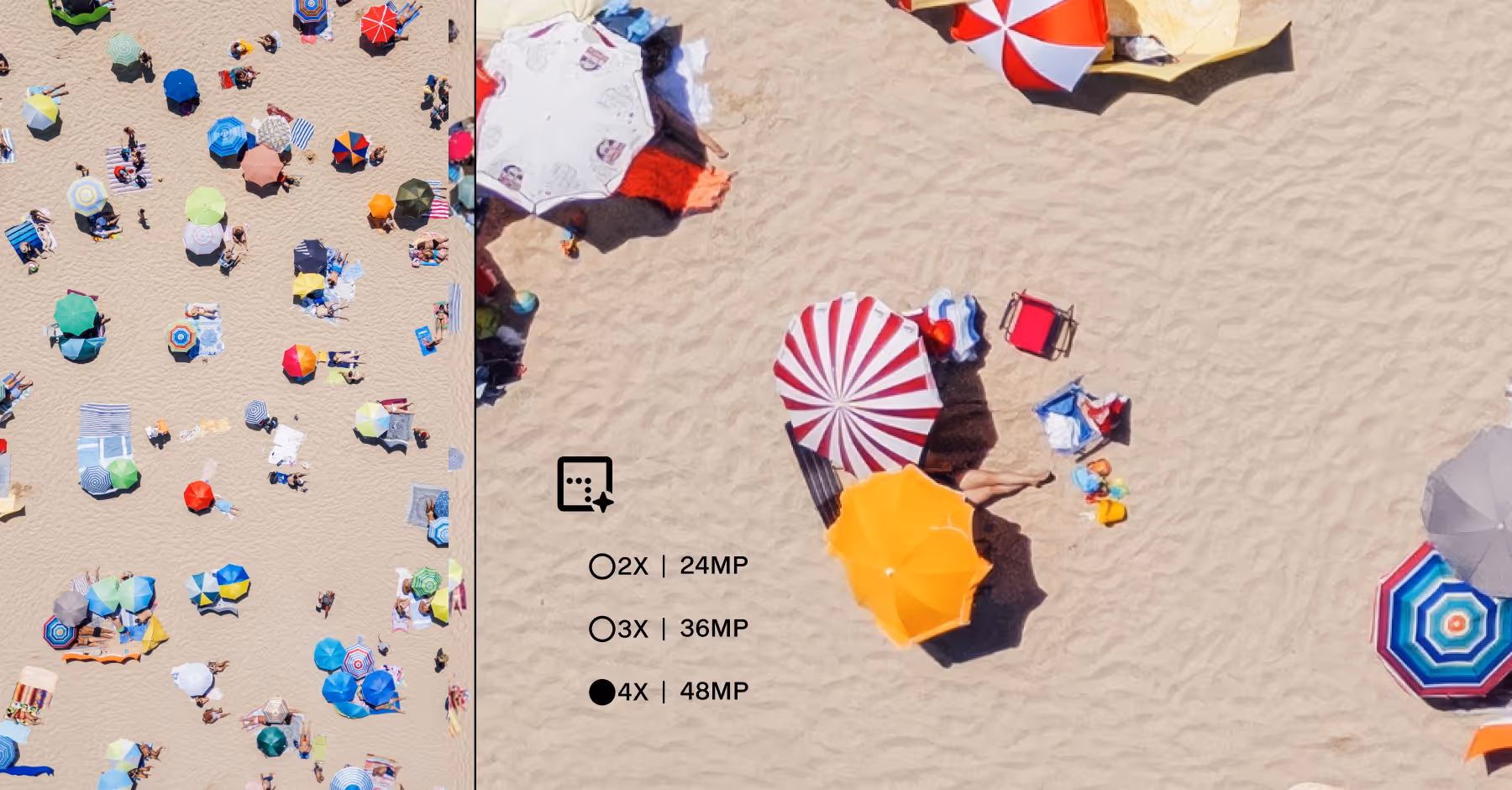Aerial view of a crowded beach with colorful umbrellas and people on sand, showcasing image resolution upscale options 2X | 24MP, 3X | 36MP, and 4X | 48MP.