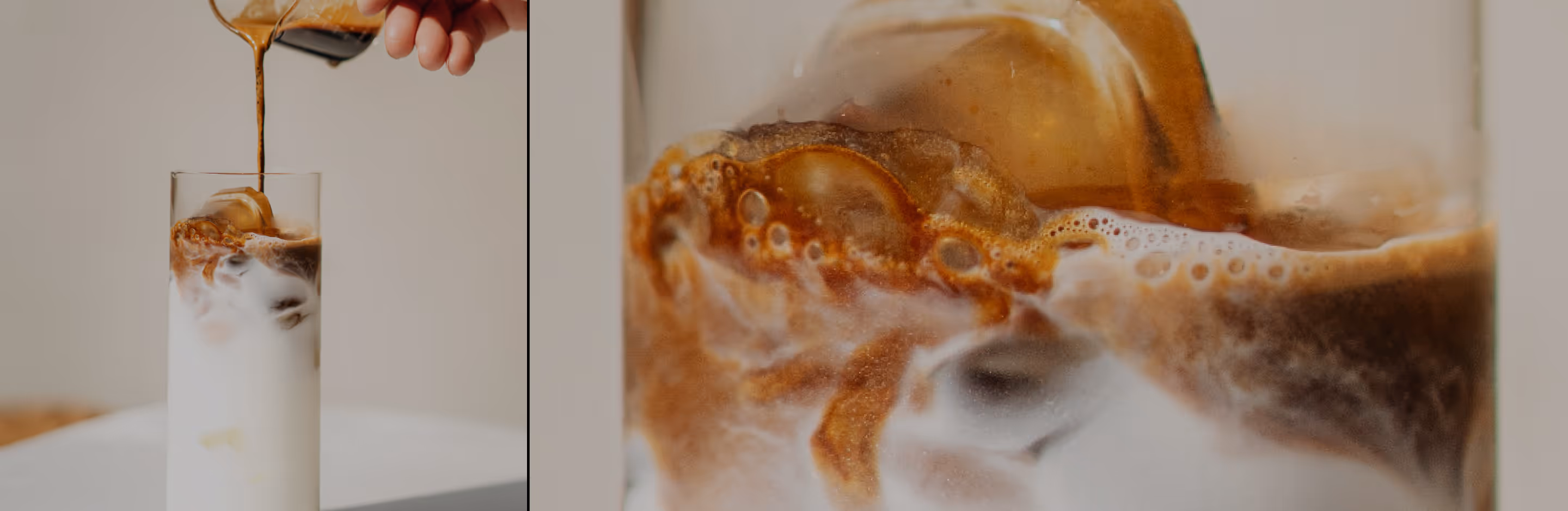 AI upscaled close-up of cold coffee being poured over ice cubes in a tall glass of milk.