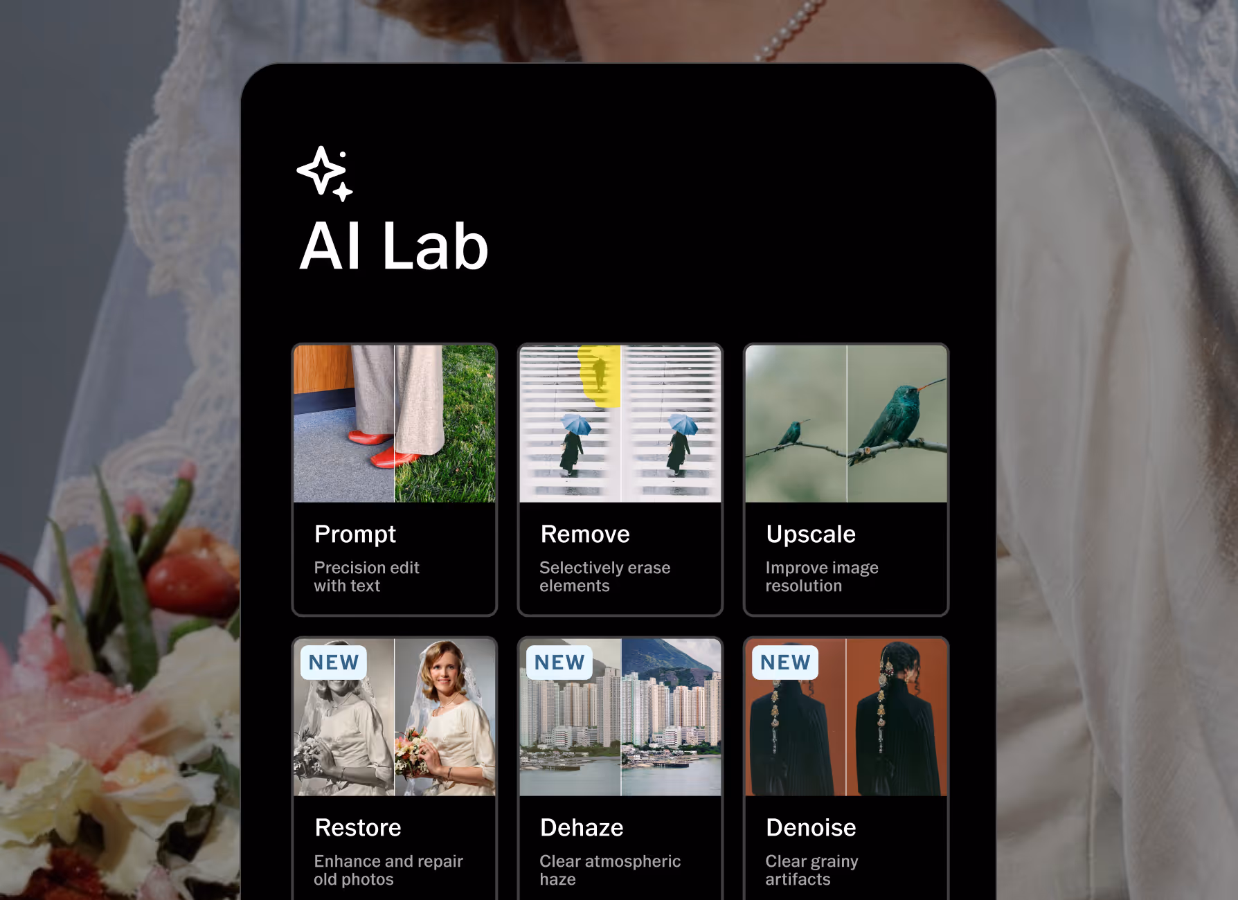 AI Lab interface displaying six AI image editing options: Prompt, Remove, Upscale, Restore, Dehaze, and Denoise, each showing before and after example photos.