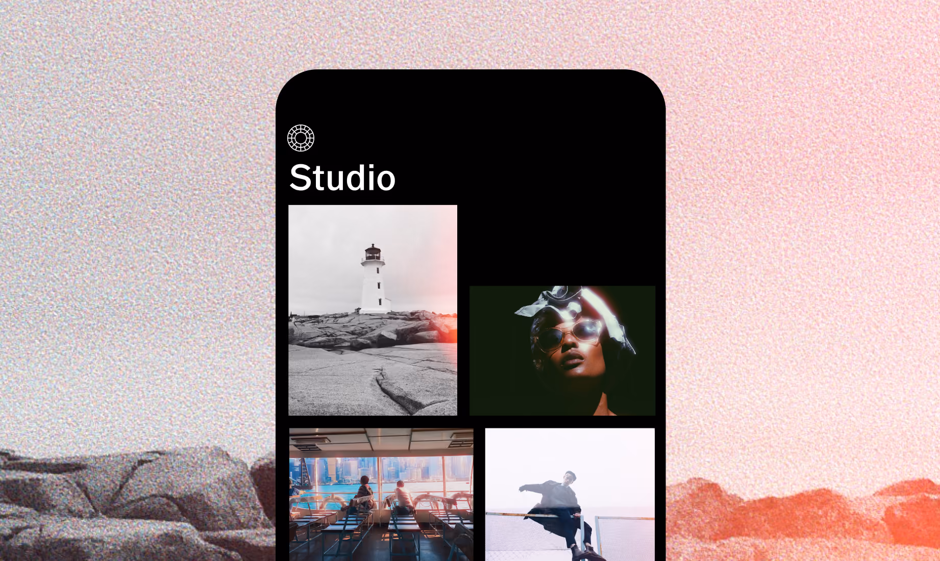 Grid of four photos in the VSCO Studio: a black and white lighthouse, a woman wearing sunglasses and a headscarf in dark lighting, two people sitting on chairs inside a boat with a city view, and a person sitting on a fence against a bright sky.