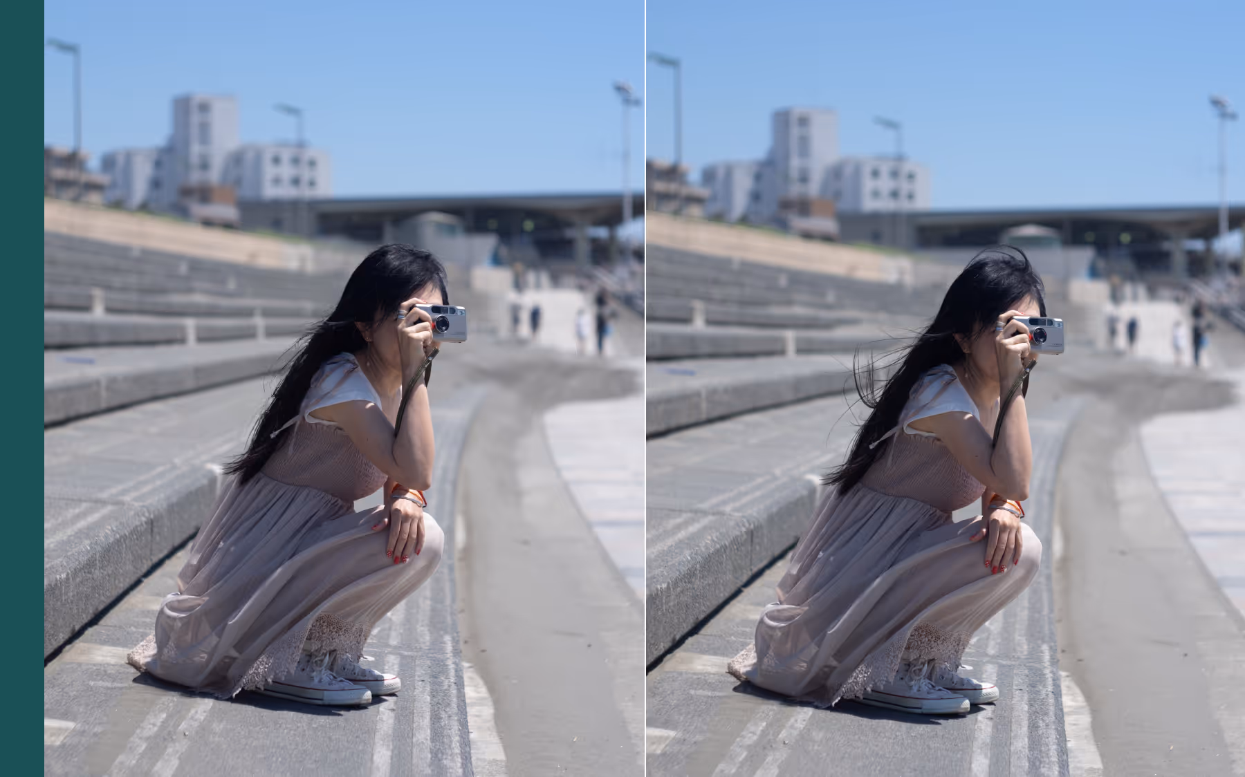 Side-by-side comparison of a woman crouching on stone steps taking a photo with a camera, showing smoother and tidier hair on the right.