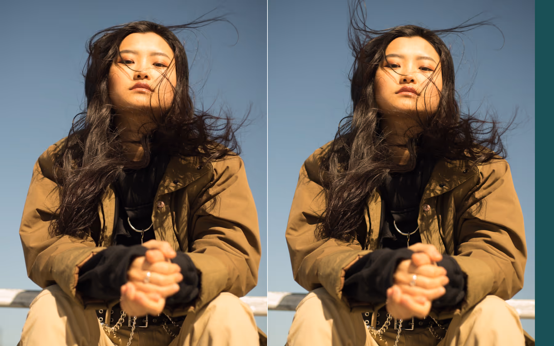 Before and after flyaway hair removal on an image of a young woman with long dark hair wearing a brown jacket and beige pants sitting with clasped hands outdoors against a clear blue sky.