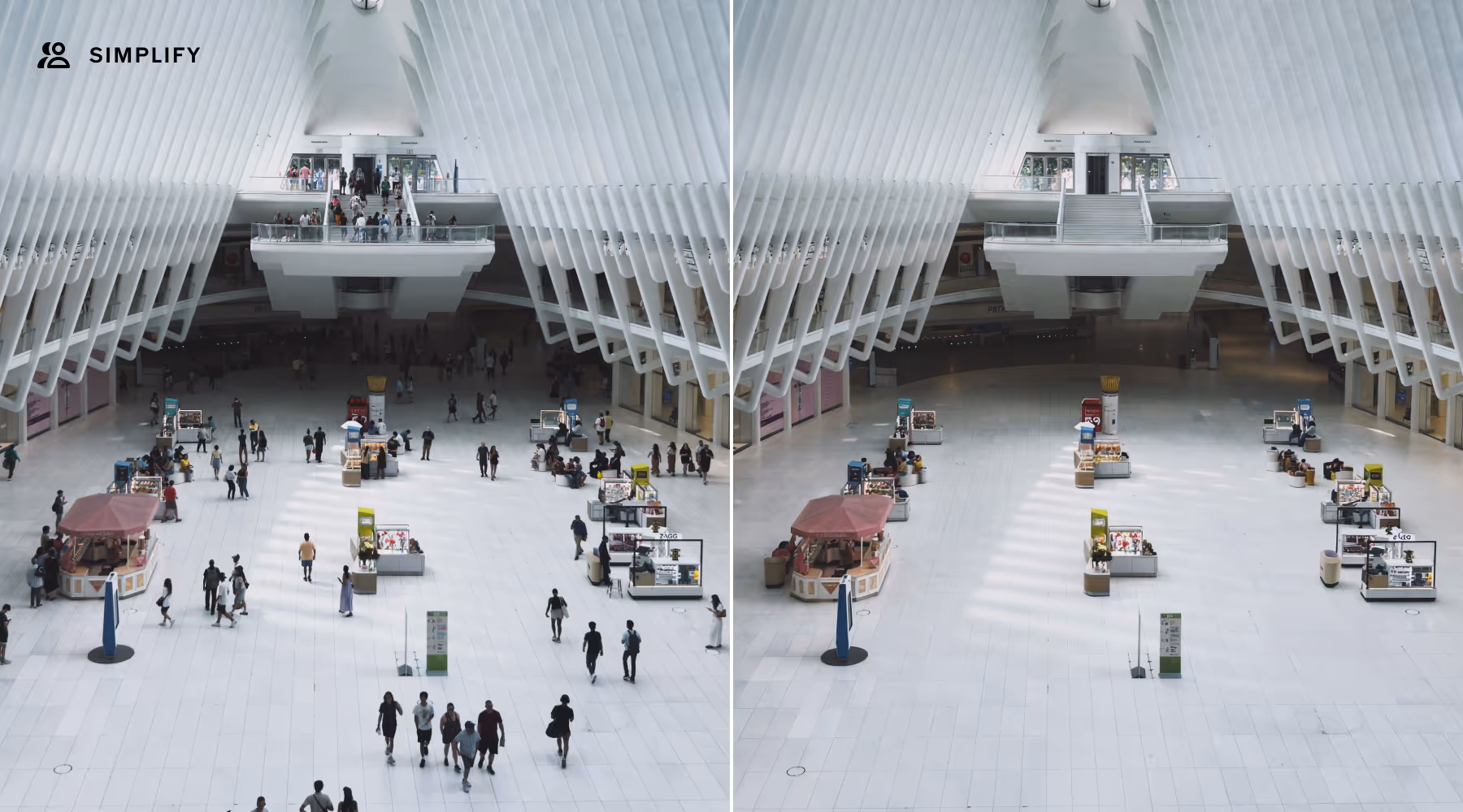 AI Simplify - Side-by-side images of a modern, white, spacious transportation hub interior showing a crowd of people walking on the left and almost empty space with few people on the right because the crowd was removed with AI Simplify