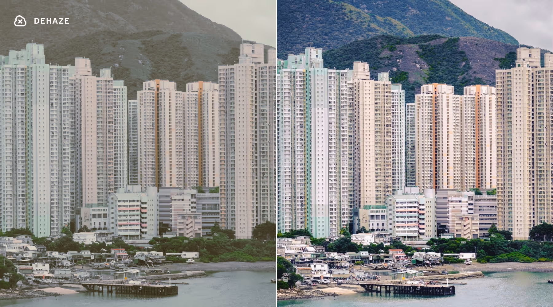 AI Dehaze - Side-by-side comparison of the same coastal cityscape with tall apartment buildings and hills in the background, showing a hazy left side and a clear, more colorful right side edited with AI Dehaze