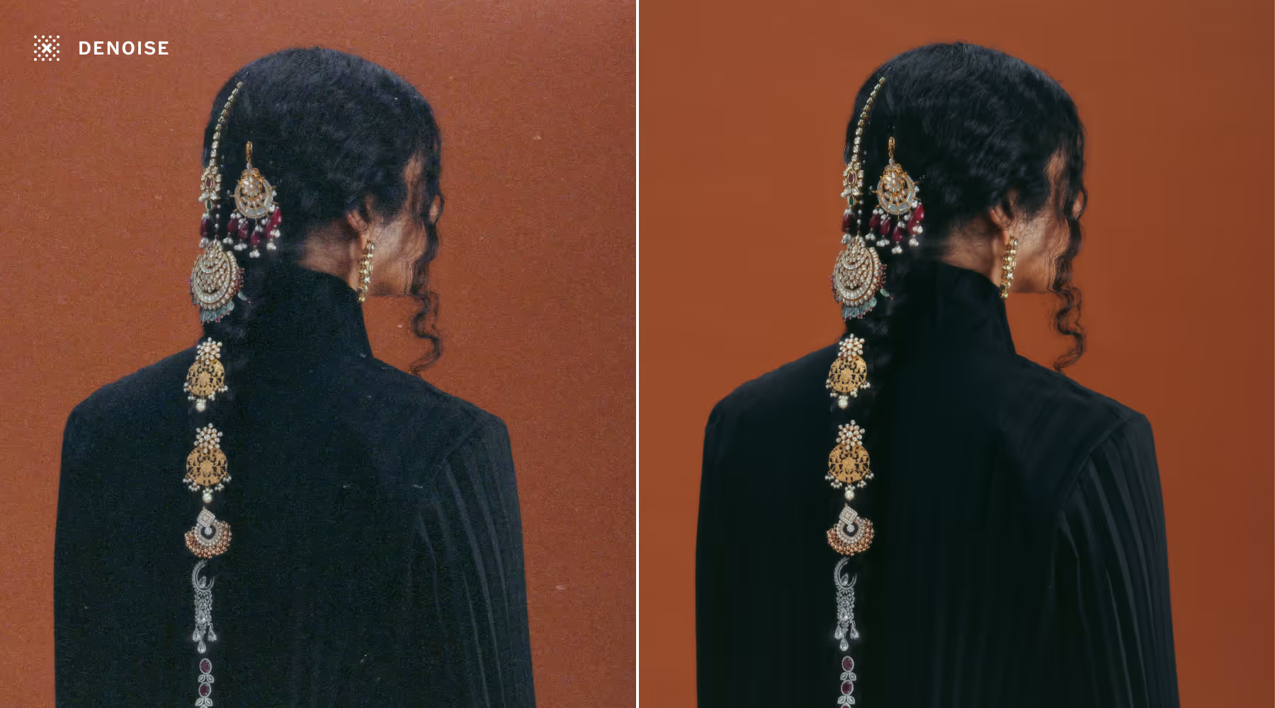 AI Denoise - Side-by-side comparison of AI edits of a woman with ornate jewelry in her braided hair wearing a black garment against a brown background; the right side is clearer and less noisy.