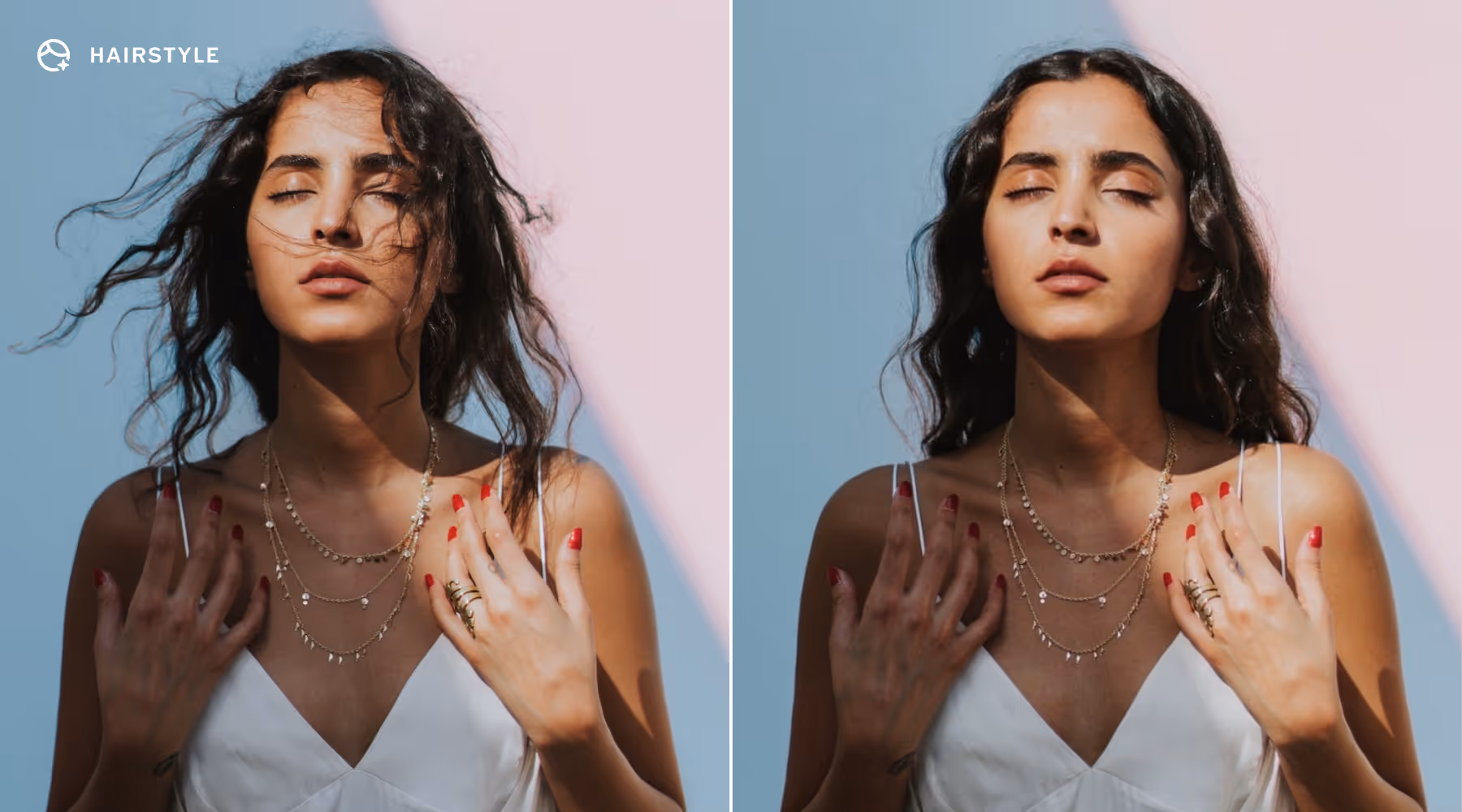 AI Hairstyle - Side-by-side AI hairstyle edits on a portrait of a woman wearing layered necklaces and red nail polish, eyes closed, against half pink and half blue background.