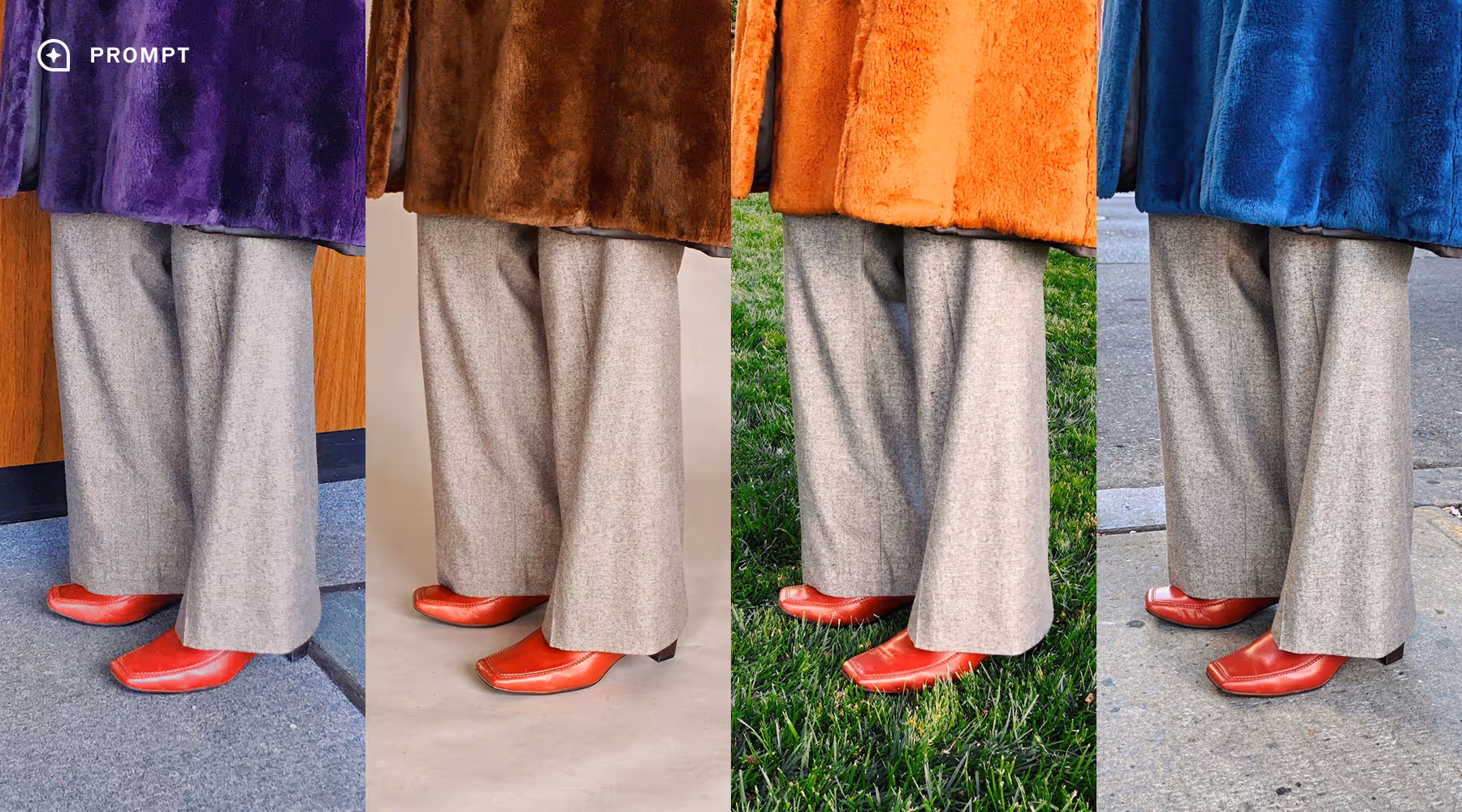 AI Prompt - Four side-by-side images edited with AI text prompts showing the lower legs of a person wearing beige wide-legged pants, red shoes, and coats in purple, brown, orange, and blue standing on different surfaces.