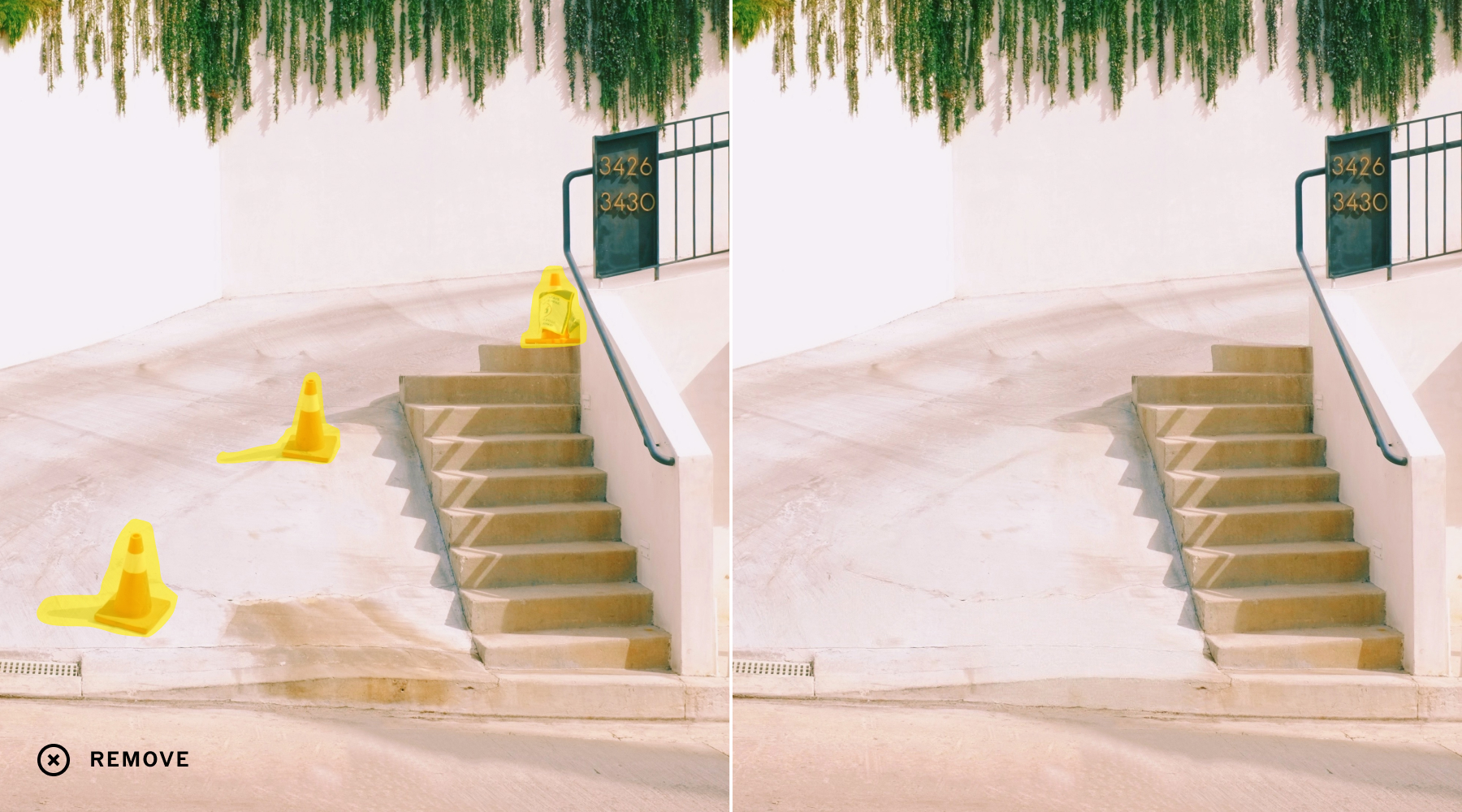 AI Remove - Side-by-side comparison of a sidewalk stairway with yellow caution cones on the left side and no cones on the right side, removed with AI object remover