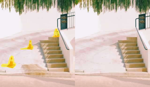 Side-by-side comparison of a sidewalk stairway with yellow caution cones on the left side and no cones on the right side, removed with AI object remover