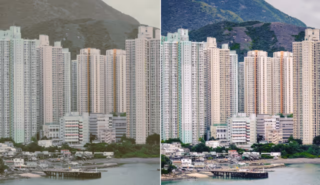 Side-by-side comparison of the same coastal cityscape with tall apartment buildings and hills in the background, showing a hazy left side and a clear, more colorful right side edited with AI Dehaze