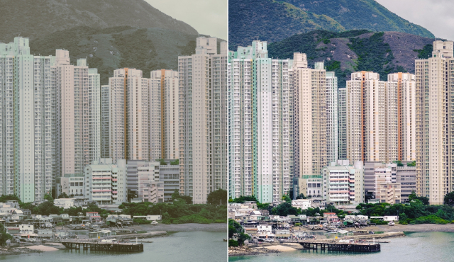 Side-by-side comparison of the same coastal cityscape with tall apartment buildings and hills in the background, showing a hazy left side and a clear, more colorful right side edited with AI Dehaze