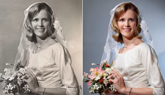 Side-by-side of an AI restored image of a bride holding a floral bouquet, the left in black and white and the right in color, both showing the same woman smiling with a lace veil and pearl necklace.