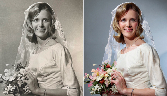 Side-by-side of an AI restored image of a bride holding a floral bouquet, the left in black and white and the right in color, both showing the same woman smiling with a lace veil and pearl necklace.