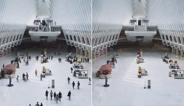 Side-by-side images of a modern, white, spacious transportation hub interior showing a crowd of people walking on the left and almost empty space with few people on the right because the crowd was removed with AI Simplify