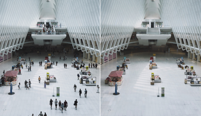 Side-by-side images of a modern, white, spacious transportation hub interior showing a crowd of people walking on the left and almost empty space with few people on the right because the crowd was removed with AI Simplify