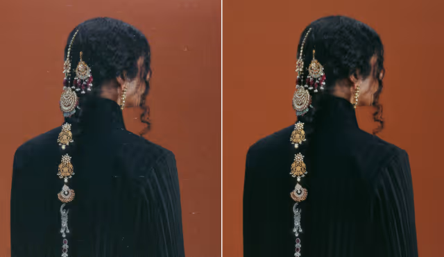 Side-by-side comparison of AI edits of a woman with ornate jewelry in her braided hair wearing a black garment against a brown background; the right side is clearer and less noisy.