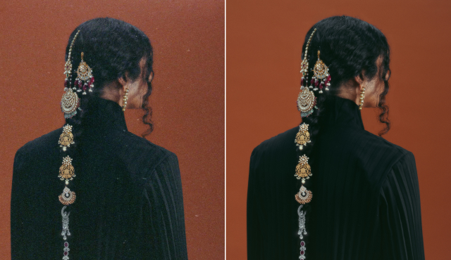 Side-by-side comparison of AI edits of a woman with ornate jewelry in her braided hair wearing a black garment against a brown background; the right side is clearer and less noisy.