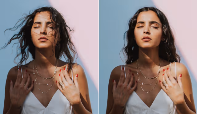 Side-by-side AI hairstyle edits on a portrait of a woman wearing layered necklaces and red nail polish, eyes closed, against half pink and half blue background.
