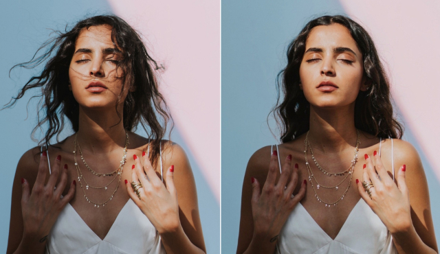 Side-by-side AI hairstyle edits on a portrait of a woman wearing layered necklaces and red nail polish, eyes closed, against half pink and half blue background.