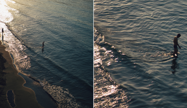 Two panels showing a person walking along the shore with water reflecting sunlight, the right side upscaled with AI in high resolution