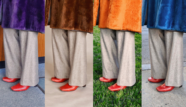 Four side-by-side images edited with AI text prompts showing the lower legs of a person wearing beige wide-legged pants, red shoes, and coats in purple, brown, orange, and blue standing on different surfaces.