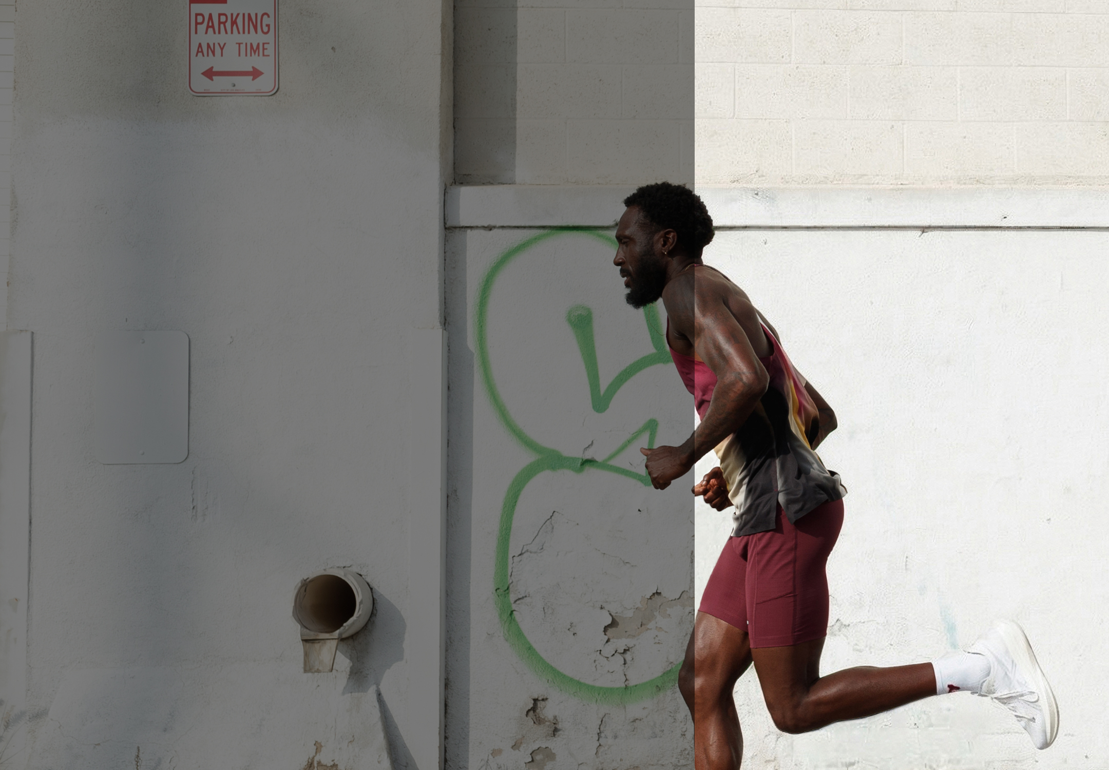 Man in red athletic wear running past a white wall with green graffiti and a parking sign, showing before and after of background cleaned up with AI photo editor.