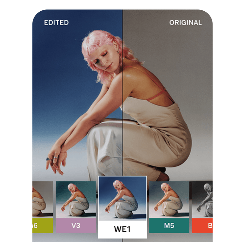 Side-by-side comparison of a woman with pink hair in a white dress, left side edited with a deep blue background and right side original with a plain gray background changed with photo editing tools